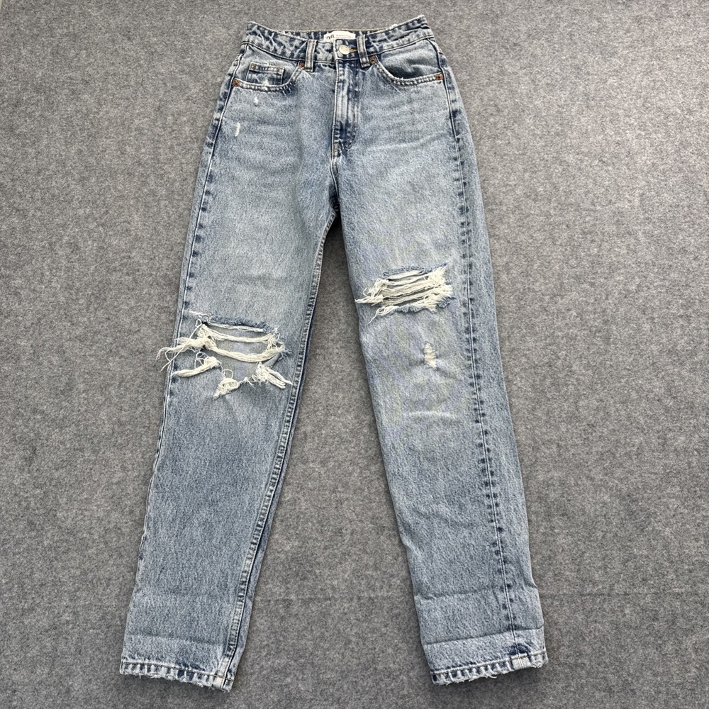 Zara Women's High Rise Blue Jeans, Distressed Straight Leg, Size 0